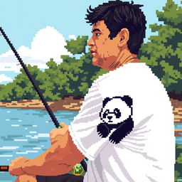 Create a close-up pixel art image of a man fishing on the river