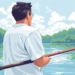 Create a close-up pixel art image of a man fishing on the river