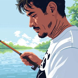 Create a close-up pixel art image of a man fishing on the river