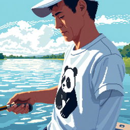 Create a close-up pixel art image of a man fishing on the river