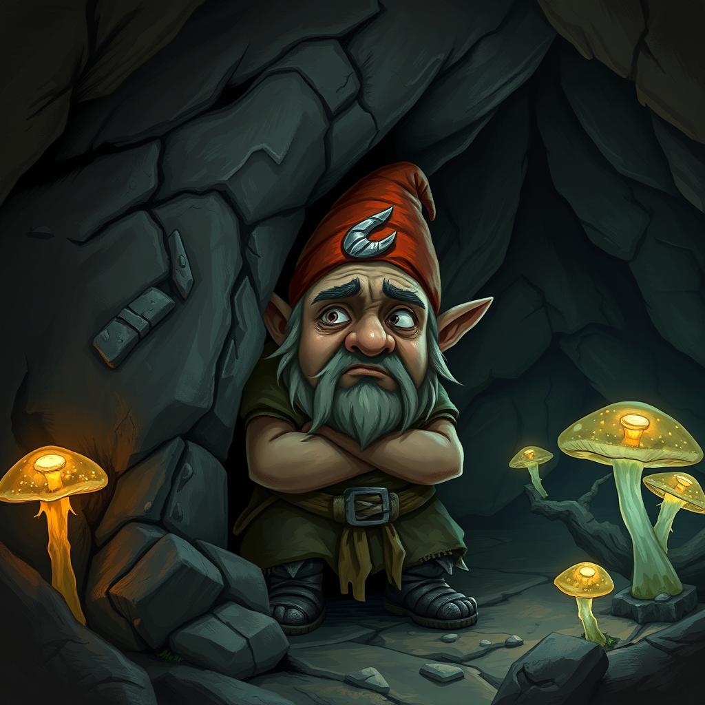 A cowardly deep gnome male, with a worried expression on his face, wearing tattered clothes and hiding behind a large rock in a dark, underground cavern