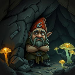 A cowardly deep gnome male, with a worried expression on his face, wearing tattered clothes and hiding behind a large rock in a dark, underground cavern