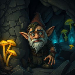 A cowardly deep gnome male, with a worried expression on his face, wearing tattered clothes and hiding behind a large rock in a dark, underground cavern