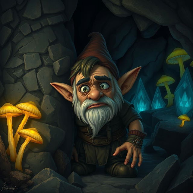 A cowardly deep gnome male, with a worried expression on his face, wearing tattered clothes and hiding behind a large rock in a dark, underground cavern