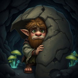 A cowardly deep gnome male, with a worried expression on his face, wearing tattered clothes and hiding behind a large rock in a dark, underground cavern