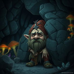 A cowardly deep gnome male, with a worried expression on his face, wearing tattered clothes and hiding behind a large rock in a dark, underground cavern