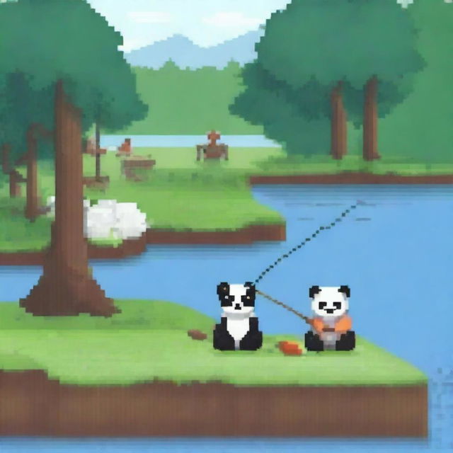 Create a pixel art image of a man fishing on the river, with a resolution of 1600x900 pixels