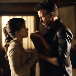 A man holding a cloth over Kate Beckinsale's face, who is wearing brown leather leggings