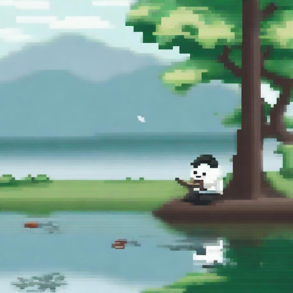 Create a pixel art image of a young man fishing by the river