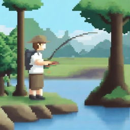 Create a pixel art image of a young man fishing by the river