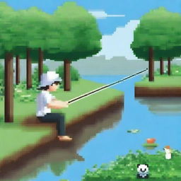 Create a pixel art image of a young man fishing by the river