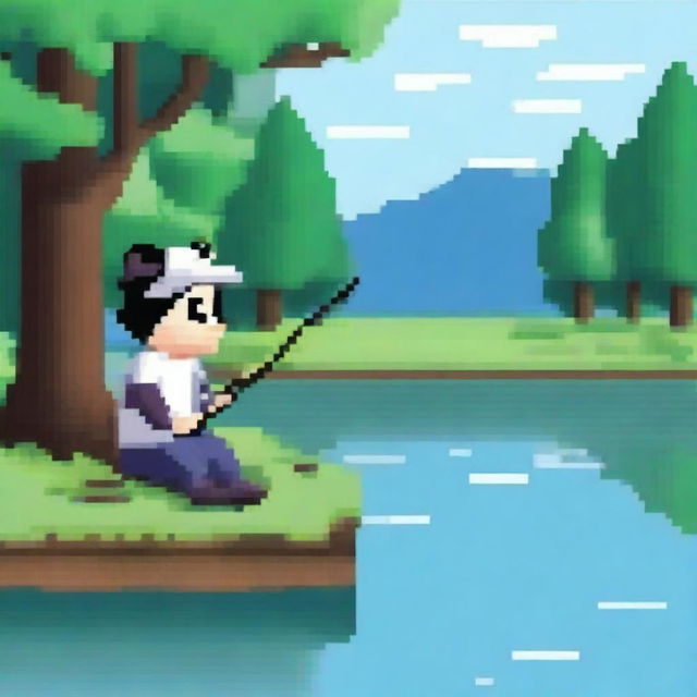 Create a pixel art image of a young man fishing by the river