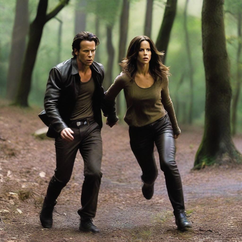 Kate Beckinsale wearing brown leather leggings being kidnapped by a man