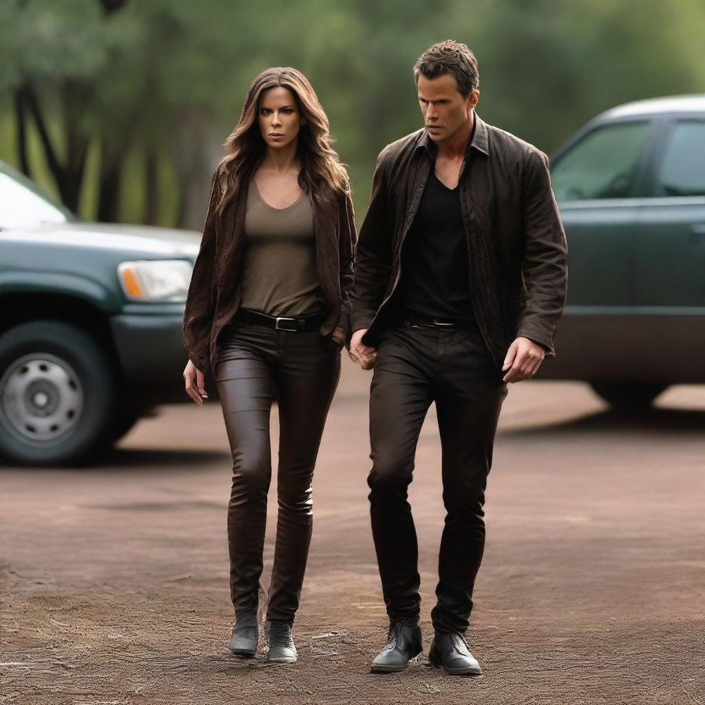 Kate Beckinsale wearing brown leather leggings being kidnapped by a man