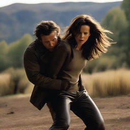 Kate Beckinsale wearing brown leather leggings being kidnapped by a man