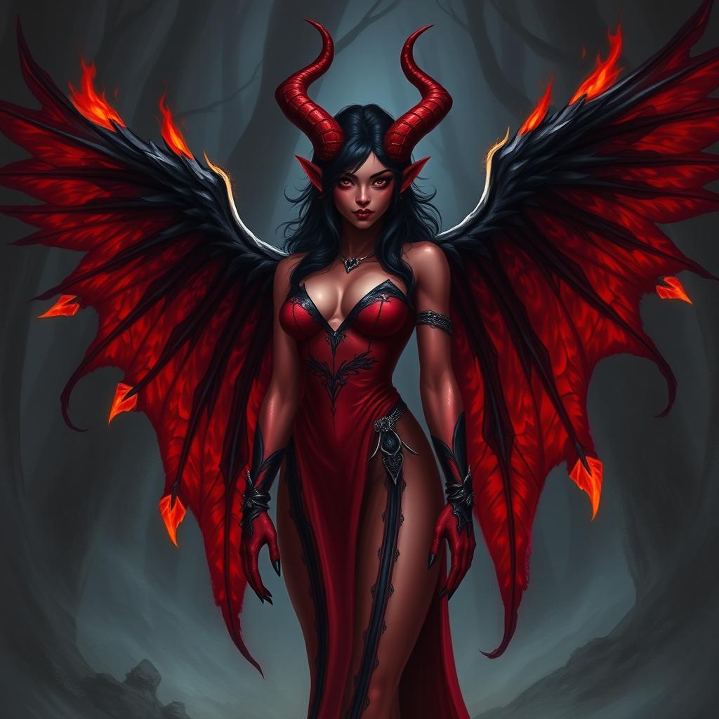 A striking red tiefling woman with black hair and black wings that are slightly on fire