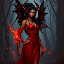 A striking red tiefling woman with black hair and black wings that are slightly on fire