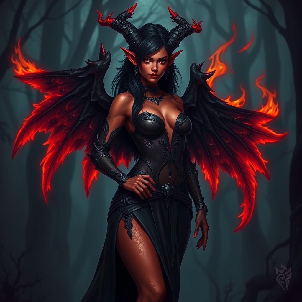 A striking red tiefling woman with black hair and black wings that are slightly on fire