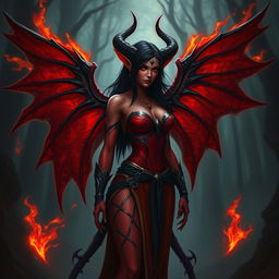 A striking red tiefling woman with black hair and black wings that are slightly on fire