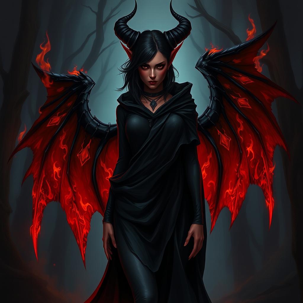 A striking red tiefling woman with black hair and black wings that are slightly on fire