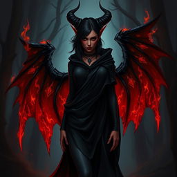 A striking red tiefling woman with black hair and black wings that are slightly on fire