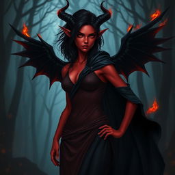 A striking red tiefling woman with black hair and black wings that are slightly on fire