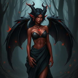 A striking red tiefling woman with black hair and black wings that are slightly on fire