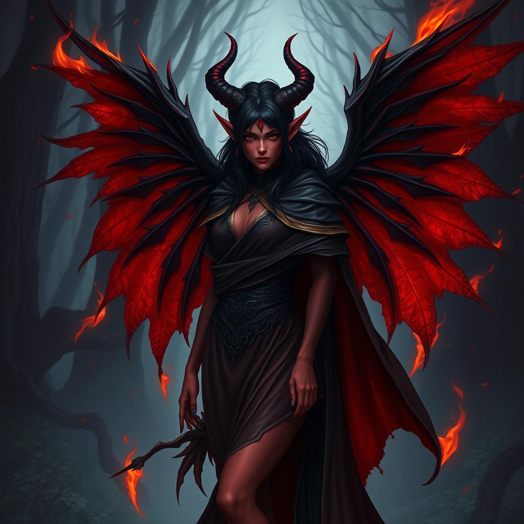 A striking red tiefling woman with black hair and black wings that are slightly on fire