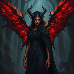 A striking red tiefling woman with black hair and black wings that are slightly on fire