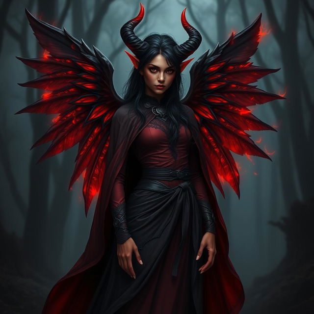 A striking red tiefling woman with black hair and black wings that are slightly on fire