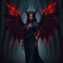 A striking red tiefling woman with black hair and black wings that are slightly on fire