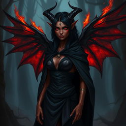 A striking red tiefling woman with black hair and black wings that are slightly on fire