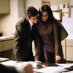 A man grabbing Kate Beckinsale and Selena Gomez from behind in an office setting