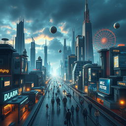 Create an image depicting a time lapse of the future, showcasing the unpredictable nature of technological and societal advancements