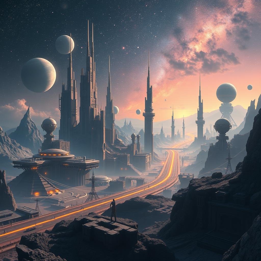 Create an image depicting a time lapse of the future, showcasing the unpredictable nature of technological and societal advancements in a universe setting