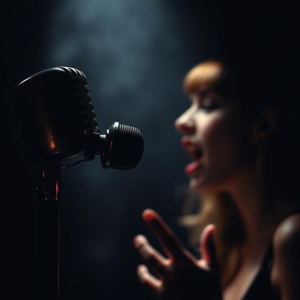 A dark, dramatic image that conveys mystery featuring a broken microphone, shadowy shadows, and a woman singing