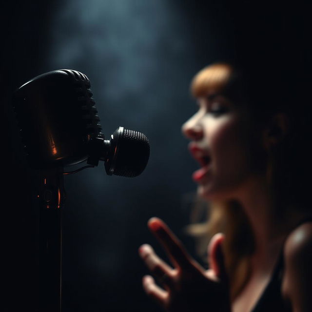 A dark, dramatic image that conveys mystery featuring a broken microphone, shadowy shadows, and a woman singing