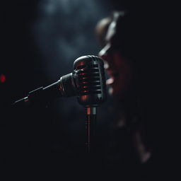 A dark, dramatic image that conveys mystery featuring a broken microphone, shadowy shadows, and a woman singing