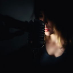 A dark, dramatic image that conveys mystery featuring a broken microphone, shadowy shadows, and a woman singing