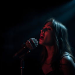 A dark, dramatic image that conveys mystery featuring a broken microphone, shadowy shadows, and a woman singing