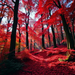 A vibrant and mystical red forest with towering trees, lush foliage, and a serene atmosphere