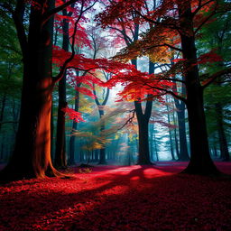 A vibrant and mystical red forest with towering trees, lush foliage, and a serene atmosphere