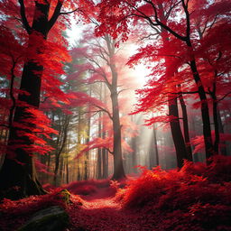 A vibrant and mystical red forest with towering trees, lush foliage, and a serene atmosphere