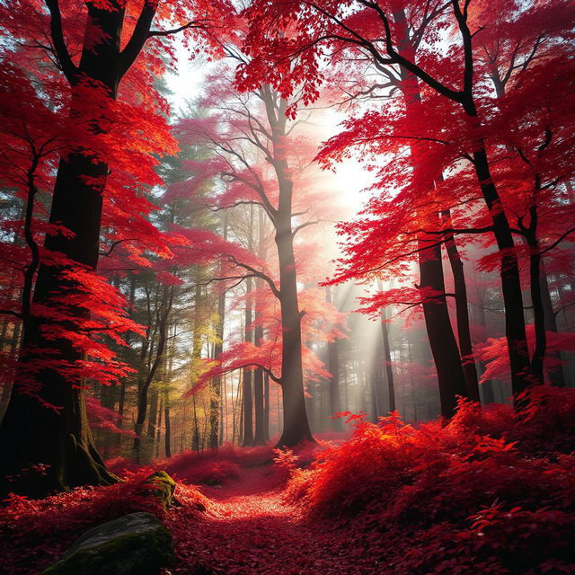 A vibrant and mystical red forest with towering trees, lush foliage, and a serene atmosphere