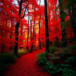 A vibrant and mystical red forest with towering trees, lush foliage, and a serene atmosphere