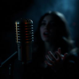 A dark, dramatic image conveying mystery, featuring a broken microphone, shadowy shadows, or a woman singing