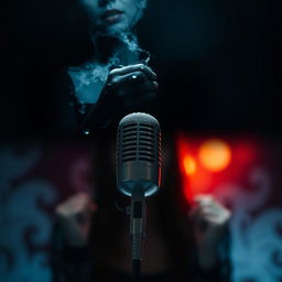 A dark, dramatic image conveying mystery, featuring a broken microphone, shadowy shadows, or a woman singing