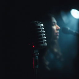 A dark, dramatic image conveying mystery, featuring a broken microphone, shadowy shadows, or a woman singing