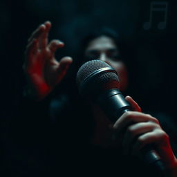 A dark, dramatic image conveying mystery, featuring a broken microphone, shadowy shadows, or a woman singing