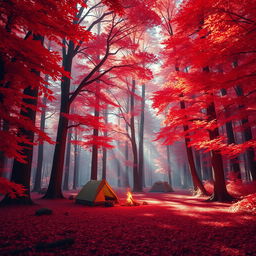 A vibrant and mystical red forest with towering trees and lush foliage